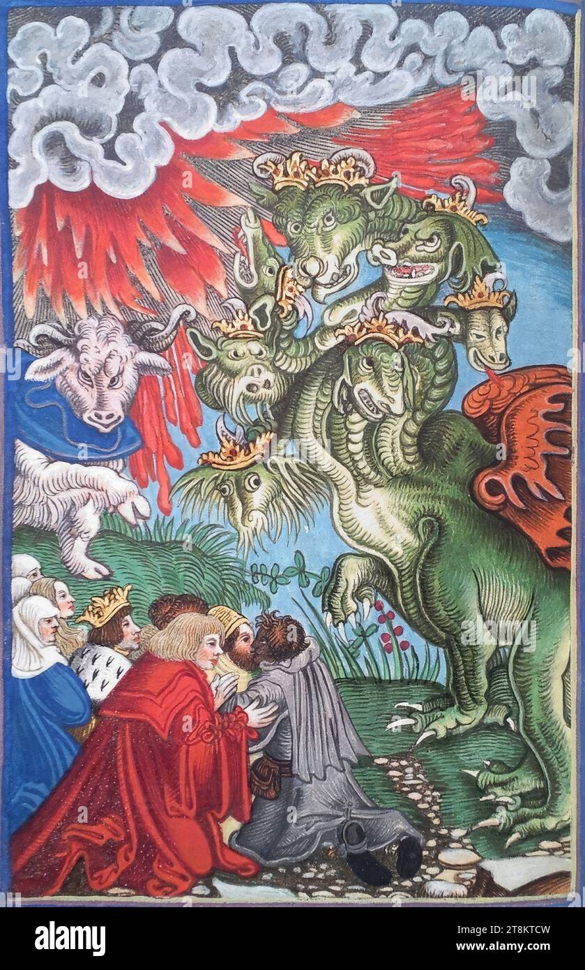 New Testament, Luther Bible, The Antichrist and his Prophet, Revelation of John 13, Georg Lemberger, Landshut around 1490/1500 - around 1540 Leipzig, 1524, print, woodcut, colored, sheet: 17.5 x 11 each .5 cm Stock Photo