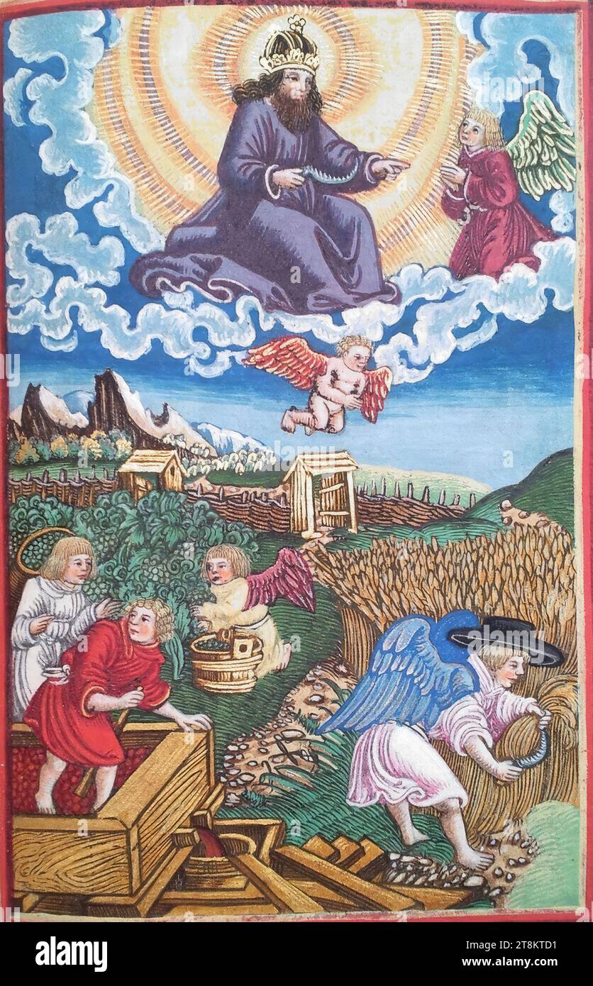 New Testament, Luther Bible, The harvest of the earth and the pressing of blood, Revelation of John 14, 14-20, Georg Lemberger, Landshut around 1490/1500 - around 1540 Leipzig, 1524, print, woodcut, colored, sheet: each 17.5x11.5cm Stock Photo