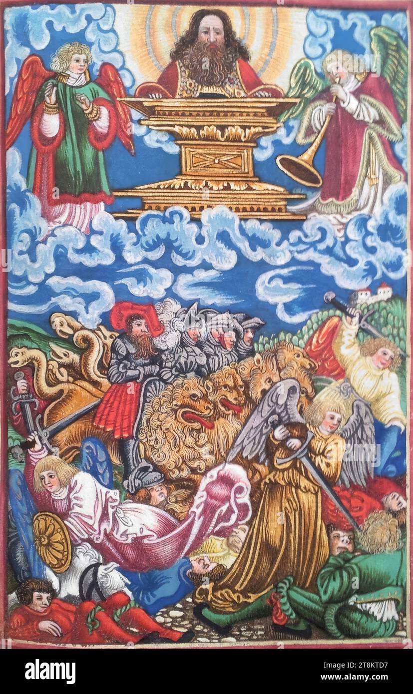 New Testament, Luther Bible, The sixth trumpet: strangling angel and lion rider, Revelation of John 9, 13-21, Georg Lemberger, Landshut around 1490/1500 - around 1540 Leipzig, 1524, print, woodcut, colored, sheet: 17.5 x 11.5 cm each Stock Photo