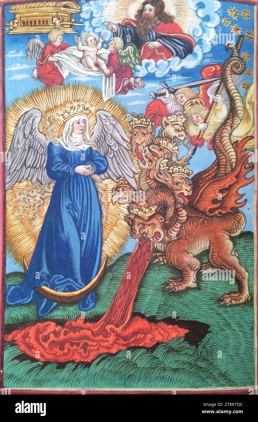 New Testament, Luther Bible, The Apocalyptic Woman and the Dragon, Revelation of John 12, 1-5, Georg Lemberger, Landshut around 1490/1500 - around 1540 Leipzig, 1524, print, woodcut, colored, sheet: each 17.5x11.5cm Stock Photo