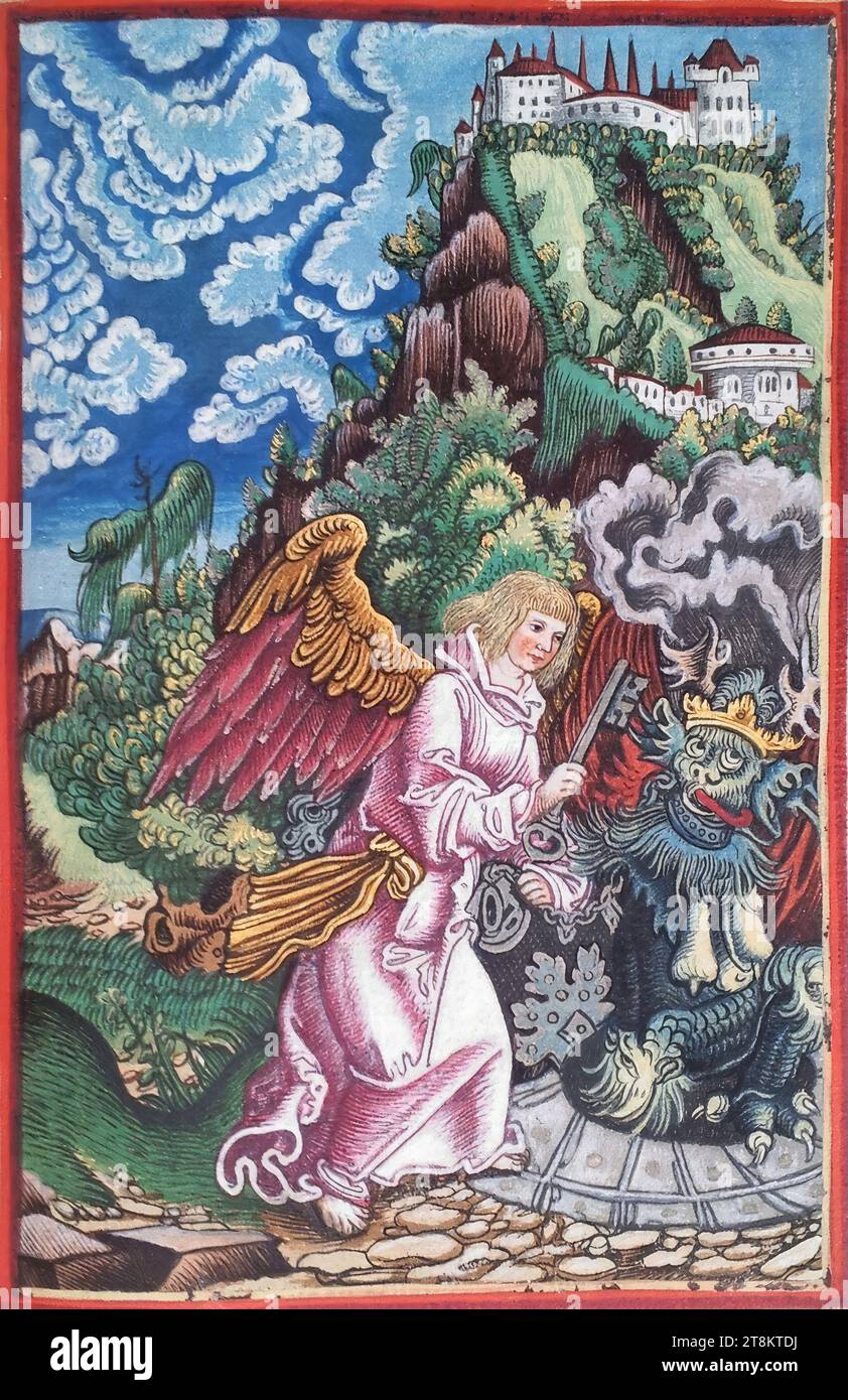 New Testament, Luther Bible, The angel with the key to the abyss imprisons Satan for 1000 years, Revelation of John 20, 1-3, Georg Lemberger, Landshut around 1490/1500 - around 1540 Leipzig, 1524, print, woodcut, colored, sheet: each 17.5 x 11.5 cm Stock Photo