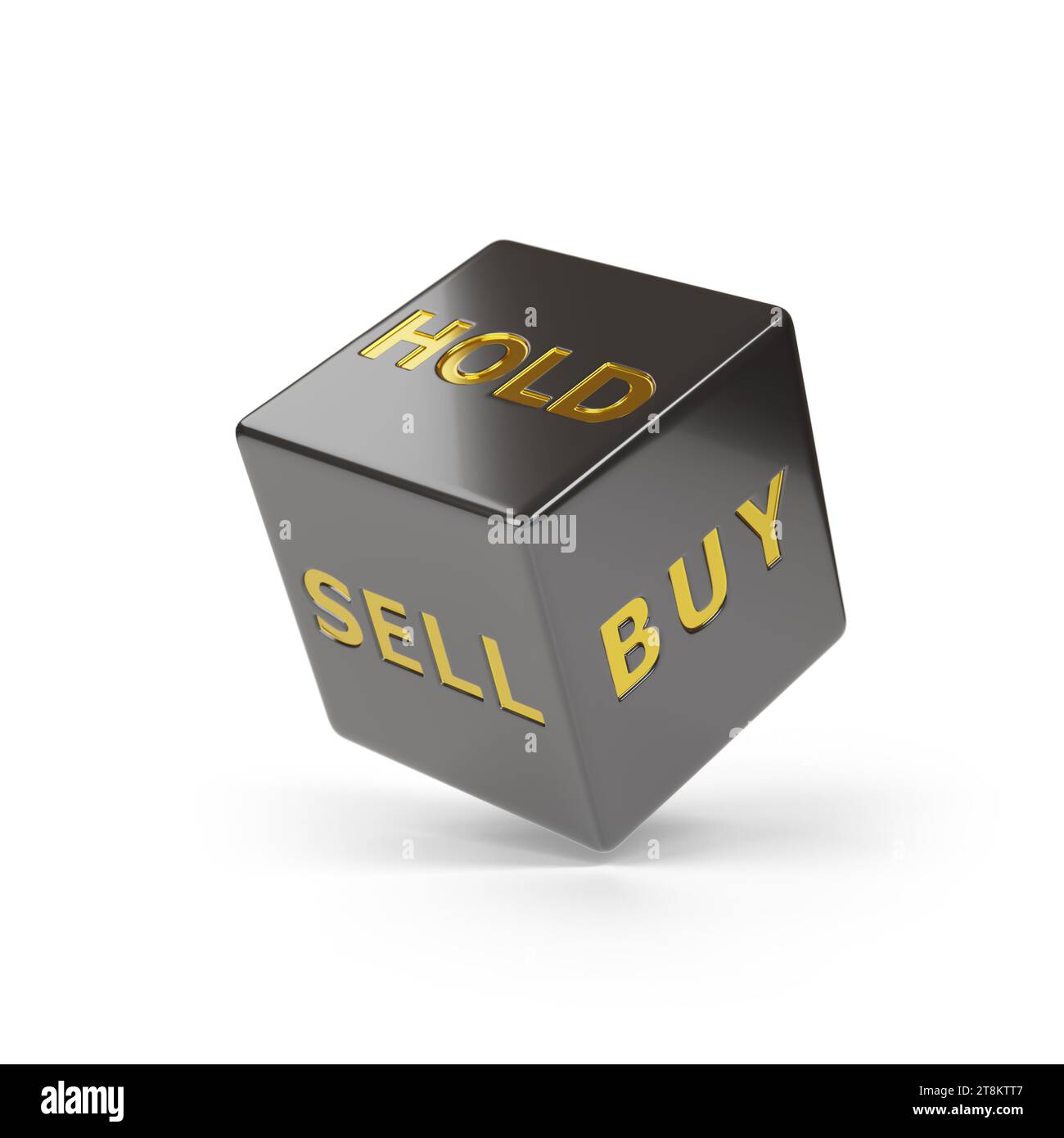 Rolling black dice with words sell, buy and hold isolated on white