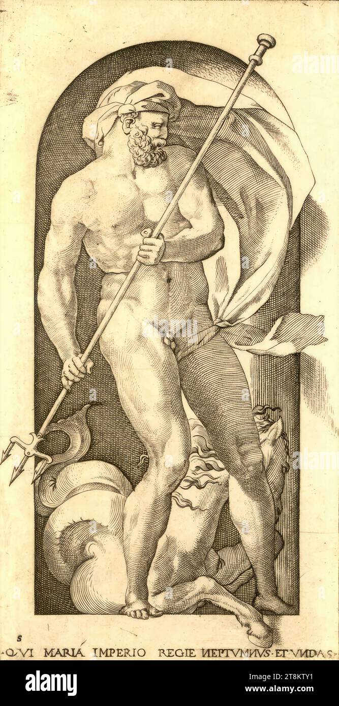 Neptune, Mythological Gods and Goddesses, 1526, print, copperplate engraving, sheet: 21.7 × 11.2 cm, base inscription '.QVI MARIA IMPERIO REGIE NEPTVMNVS. ET. VNDAS.', inverted N, l.u. '5 Stock Photo