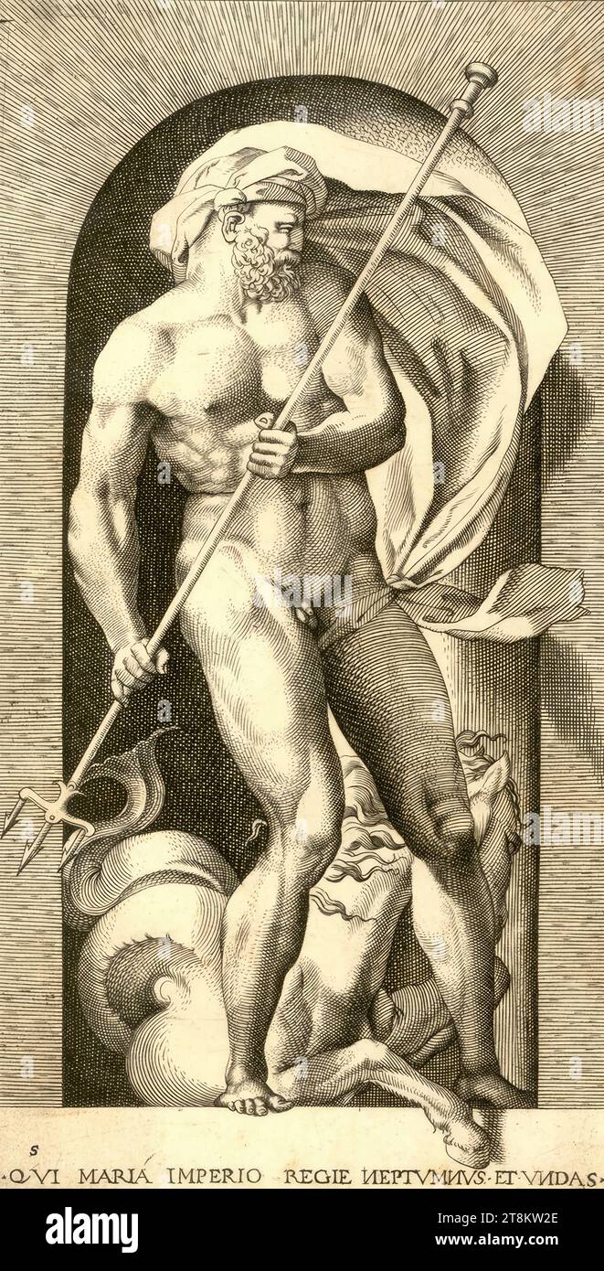 Neptune, mythological gods and goddesses, 1526-1624, print, copperplate engraving, sheet: 21.4 × 11 cm, base inscription '.QVI MARIA IMPERIO REGIE NEPTVMNVS. ET. VNDAS.', inverted N, l.u. '5 Stock Photo