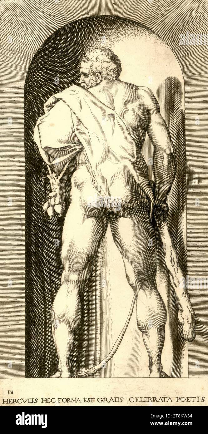 Hercules, mythological gods and goddesses, 1526-1624, print, copperplate engraving, sheet: 21.4 × 11.1 cm, base inscription 'HERCVLIS HEC FORMA EST GRAIIS CELEBRATA POETIS'; l.u. '15 Stock Photo