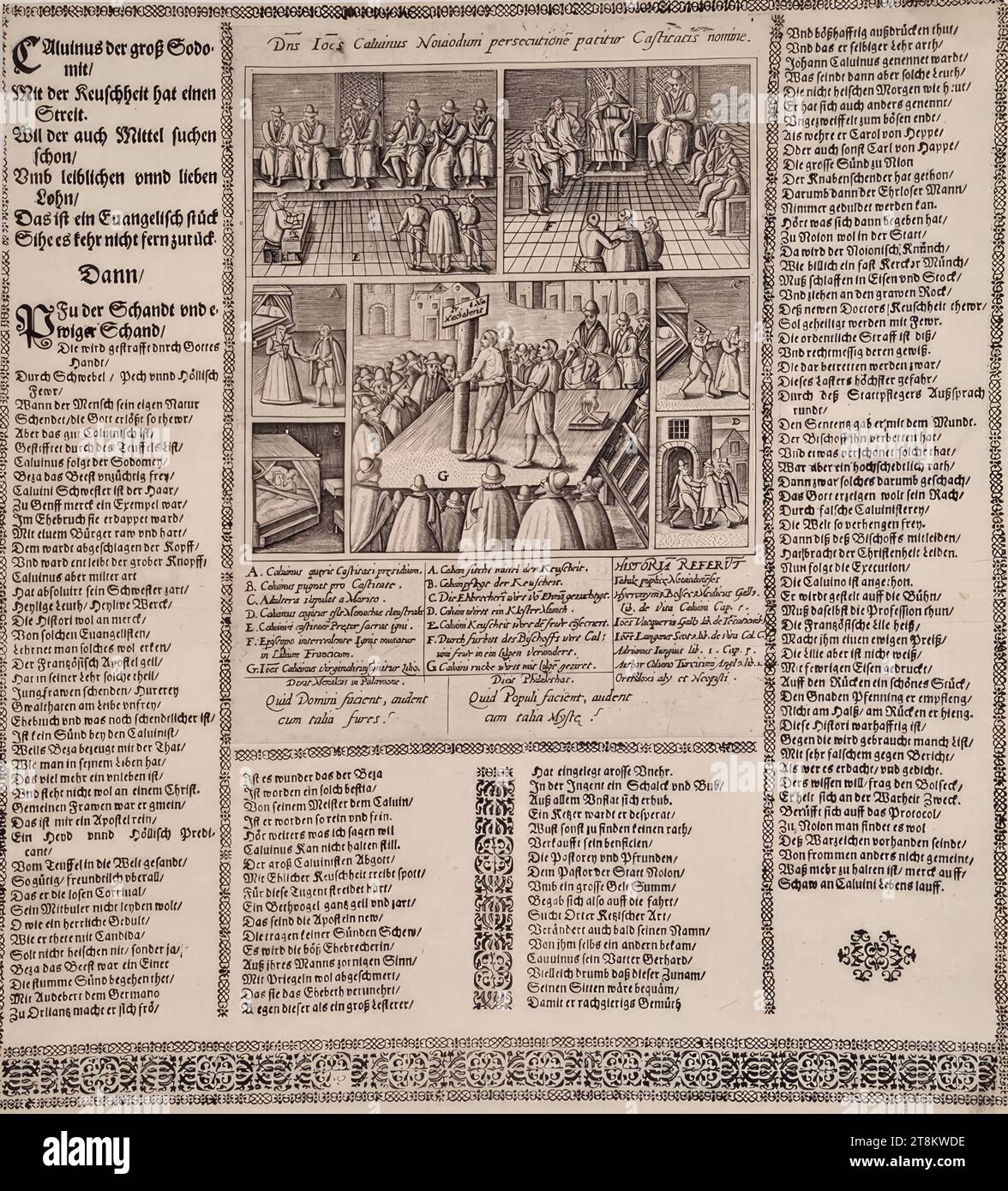 Leaflet with text and seven scenes from Calvin's life, concerning his unchaste lifestyle and the alleged trial in Noyon for pederasty, Anonymous, around 1600, print, etching and typography on paper, sheet: 32.6 × 29 cm Stock Photo