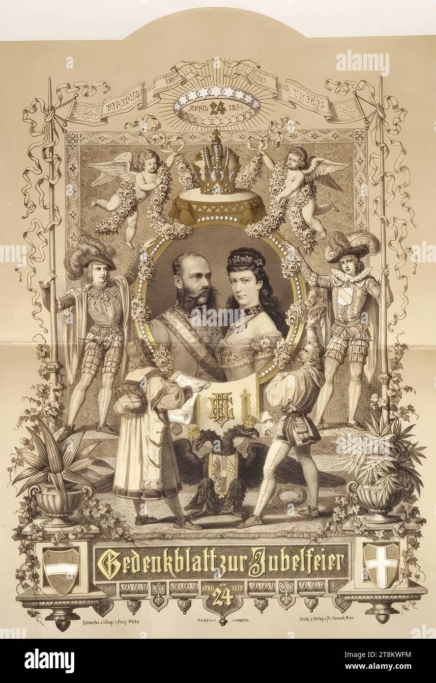 Commemorative sheet for the Silver Wedding of Emperor Franz Joseph I and Empress Elisabeth of Austria on April 24, 1879, 1879, print, lithograph with three clay plates, gold print and white recesses, on paper, sheet: 84.1 × 62.2 cm, [M.u. ] 'Reprint reserved', below the illustration, within the sound record, [M.u.] 'His apostol. Dedicated to His Majesty the Emperor and King Franz Josef 1. in deepest reverence by, Friedrich Hannak.', below the clay plate, in gold print Stock Photo