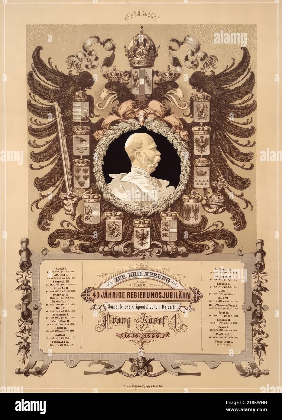 MEMORIAL SHEET., TO REMINDER, to the, 40 YEARS OF GOVERNMENT ANNIVERSARY, His k: and k: Apostolic Majesty, Franz Josef 1., 1848-1888.', 1888, print, color lithograph with portrait medallion in blind embossing, on paper, sheet: 54.4 × 38 cm Stock Photo