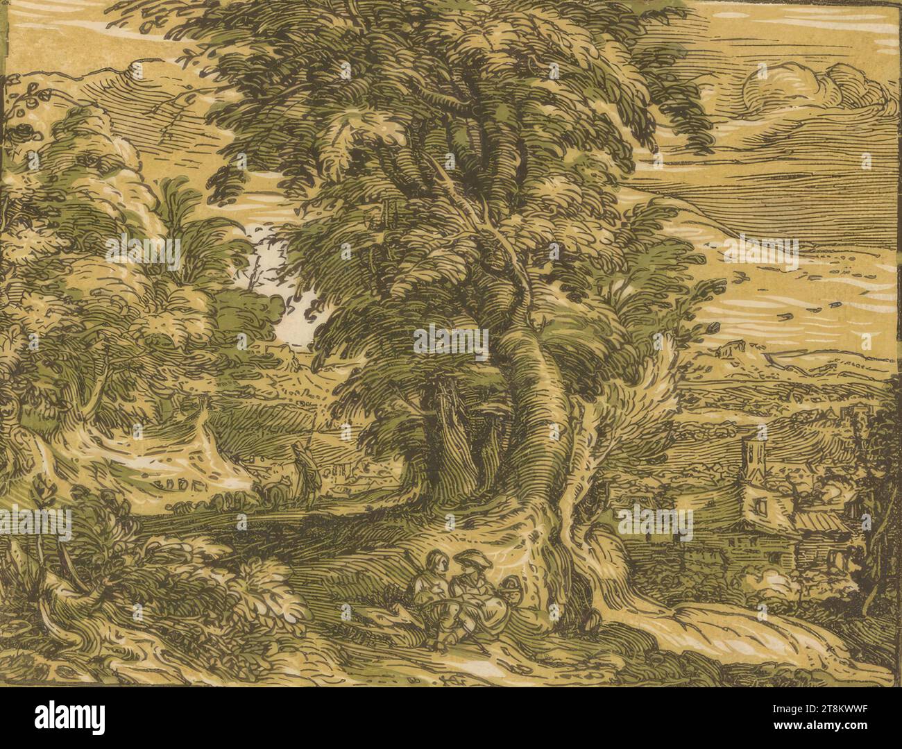 Landscape with a group of trees and a pair of shepherds, landscape, Hendrick Goltzius, Bracht bei Venlo 1558 - 1617 Haarlem, 1580-1617, print, clair obscur woodcut, sheet: 11.3 x 14.8 cm Stock Photo