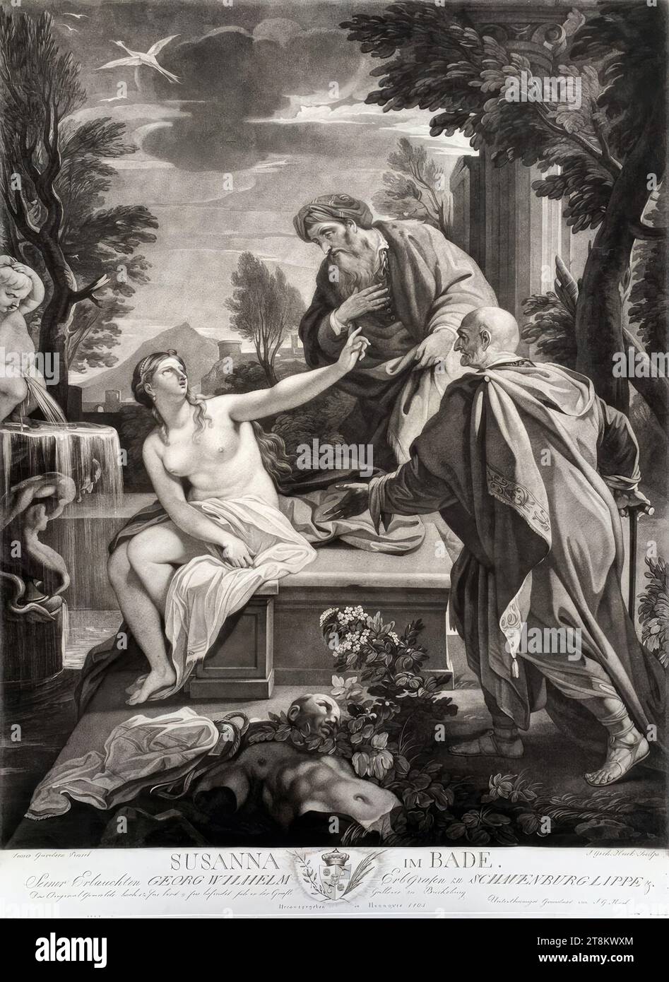 Susanna in the bath, 1804, print, mezzotint, sheet: 72.5 × 52.4 cm, l. u. 'Lucca Giordano Pinxit'; M.u. 'SUSANNA IN THE BATH . / His illustrious GEORG WILHELM Hereditary Count of SCHAUENBURGLIPPE / The original painting high 12 feet wide 9 feet is located in the Graefl. Gallery at Bückeburg / Untergaenigst Dedicated by J. G. Huck. / Published in Hanover 1804.', interrupted by the coat of arms Stock Photo