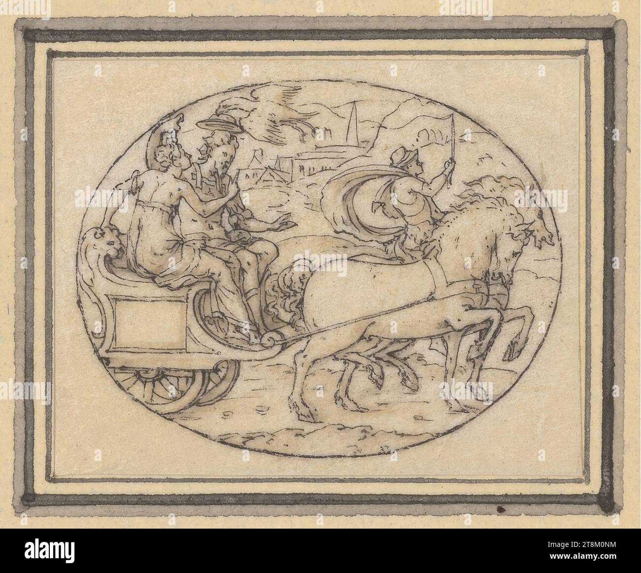 Pelops and Hippodamaia, Scenes from Ancient Mythology and Roman History, Étienne Delaune (Paris 1518/19 - 1583 Paris), drawing, pen, ink, brush, washed with brown ink, on parchment, 3.4 x 4.4 cm, l.b. Duke Albert of Saxe-Teschen Stock Photo