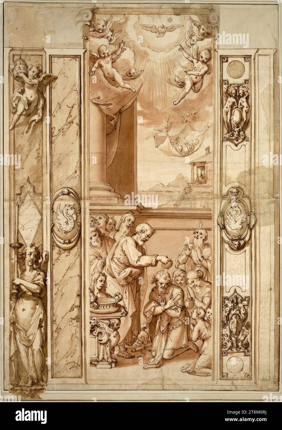 Wall decoration with the baptism of Captain Cornelius; above the vision of the unclean animals, Federico Zuccari (Sant' Angelo in Vado 1540/41 - 1609 Ancona), drawing, chalk; Feather; the composition reddish brown, the architecture washed brown; the space for the capital cut out at the top right; Horizontal crease, 53.8 x 33.6 cm, l.l. Duke Albert of Saxe-Teschen, lower right of center in pencil (cut off) '... Da Pesaro'; on the lower left, the base of the statue extends beyond the paper limit Stock Photo
