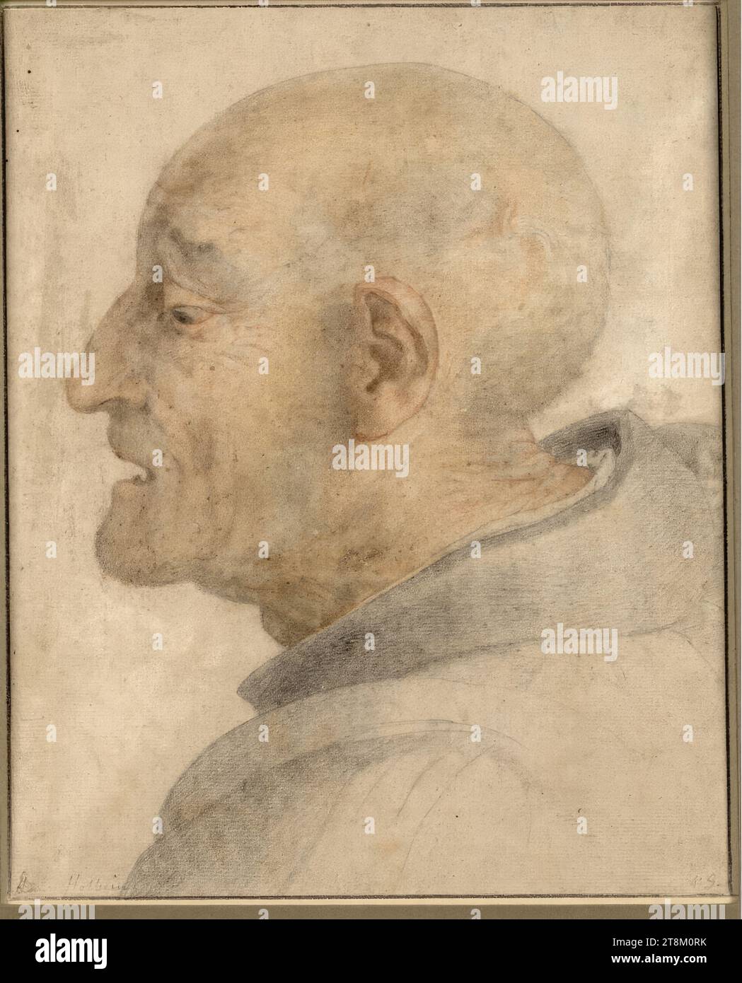 Profile head of a bald old monk to the left, Anonymous, Drawing, Pencil; stone chalk; Red chalk, 26 x 21 cm, l.l. Duke Albert of Saxe-Teschen, lower left in pencil 'Hans Holbein'; Old chalk number '49' lower right Stock Photo