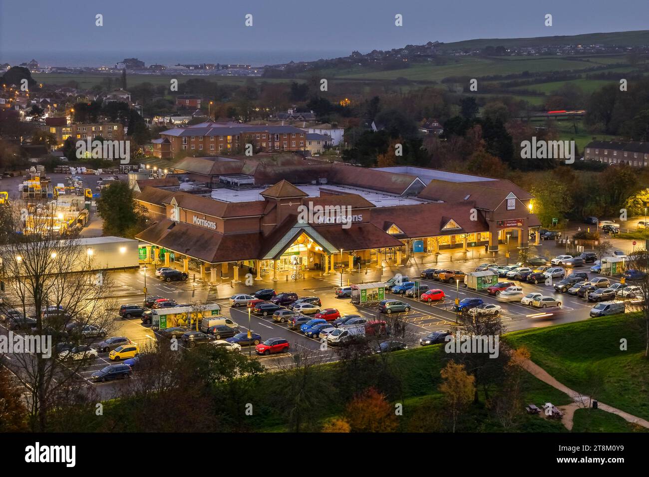 Bridport, Dorset, UK. 20th November 2023. Aerial view of the Morrisons
