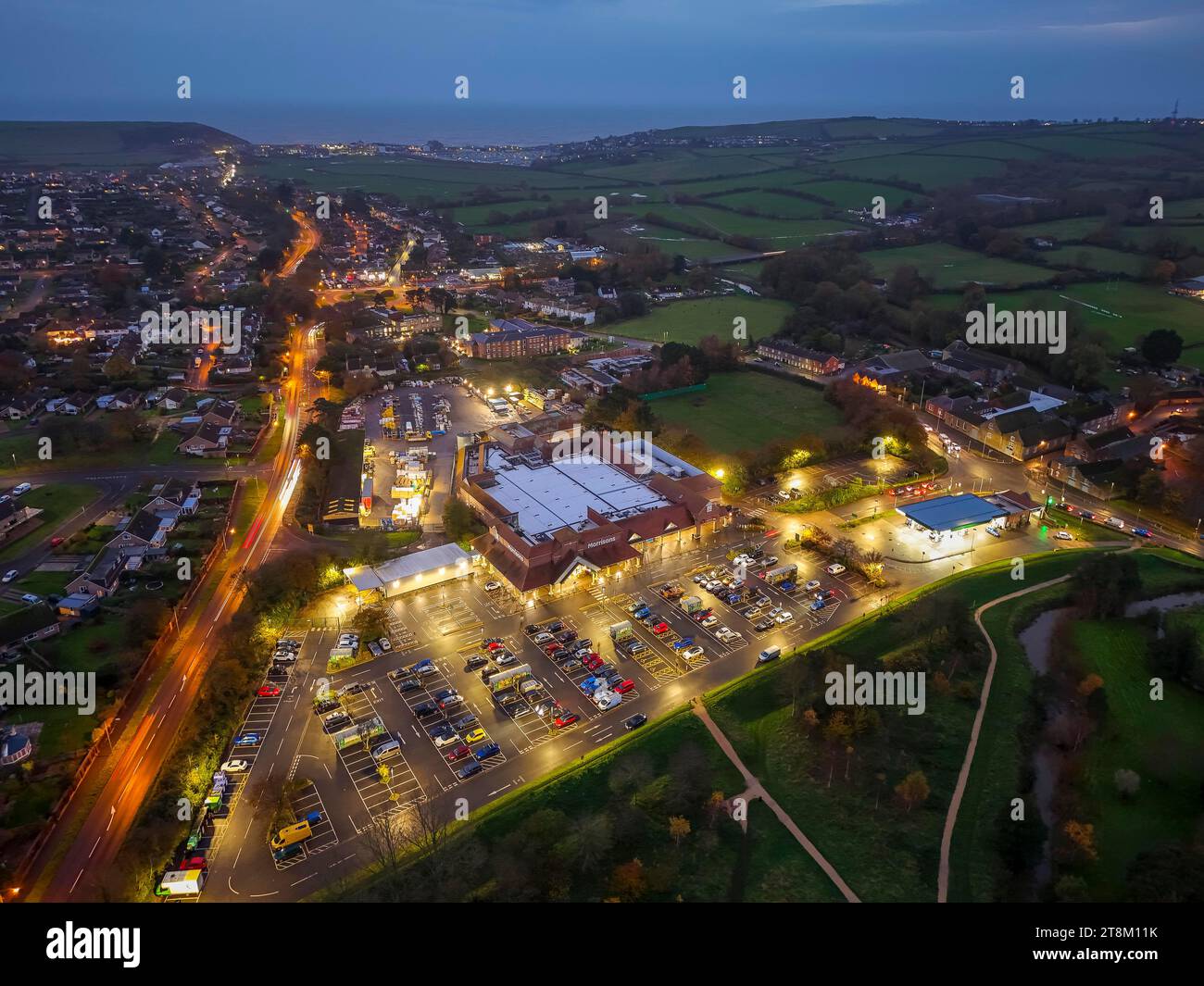 Bridport, Dorset, UK. 20th November 2023. Aerial view of the Morrisons