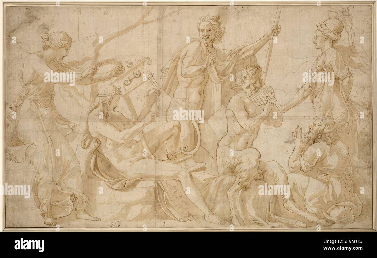 The musical contest between Apollo and Pan, Giulio Romano (Rome 1499 - 1546 Mantua), c. 1527, drawing, pen and ink in brown, brown wash, traces of squaring in black pencil, the outlines punched through for transfer; assembled from four pieces of paper, kinks and a few holes, 42.2 x 70 cm, l.l. Duke Albert of Saxe-Teschen, l.u. '6.Pb' (in pen); r.b. '106' (in pen Stock Photo