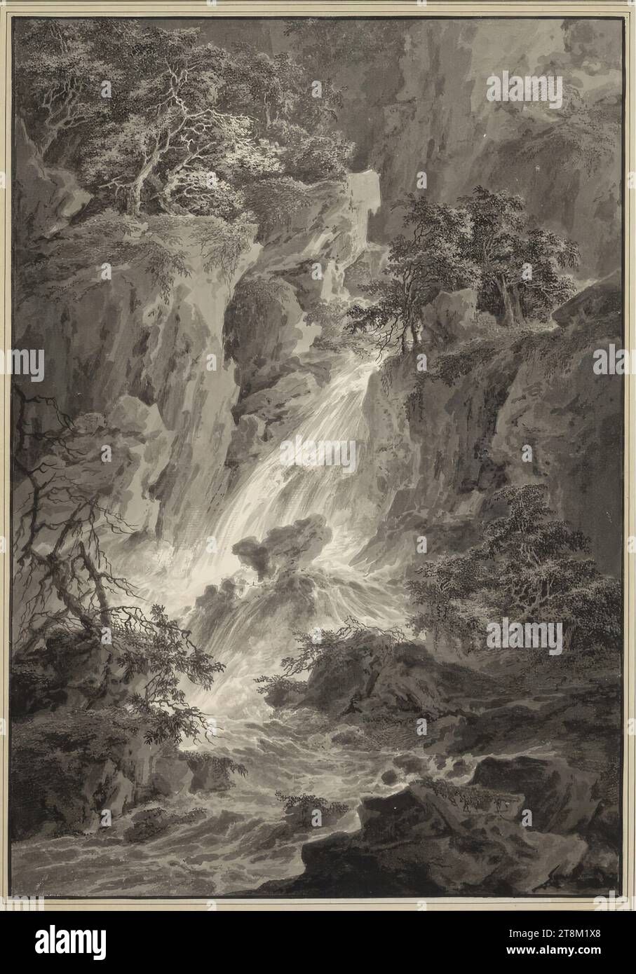 Waterfall Between Tree-Covered Rocks, Matthias Joseph Gail (Austrian, 1796 - 1866), Drawing, brush and gray; black framing line, 51.4 x 34.9 cm (20 1/4 x 13 3/4 in.), Mat: on Albert mount ' Gail Stock Photo