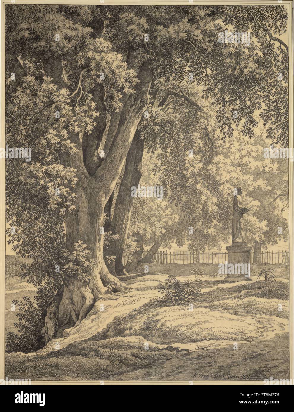 Park view with monument statue under trees, Hendrik Voogd (Amsterdam 1766 - 1839 Rome), 1822, drawing, black chalk, on yellowish paper., 59.2 x 44.7 cm Stock Photo