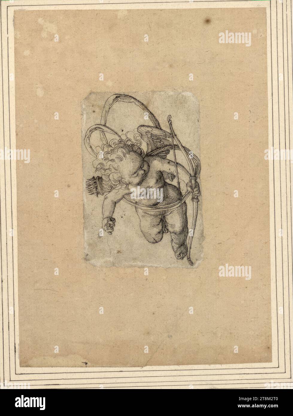 Flying archery Cupid, Jost Amman (Zurich 1539 - 1591 Nuremberg), drawing, pen and ink in black, 5.6 x max. 8.3 cm, no collector's stamp Duke Albert of Saxe-Teschen Stock Photo