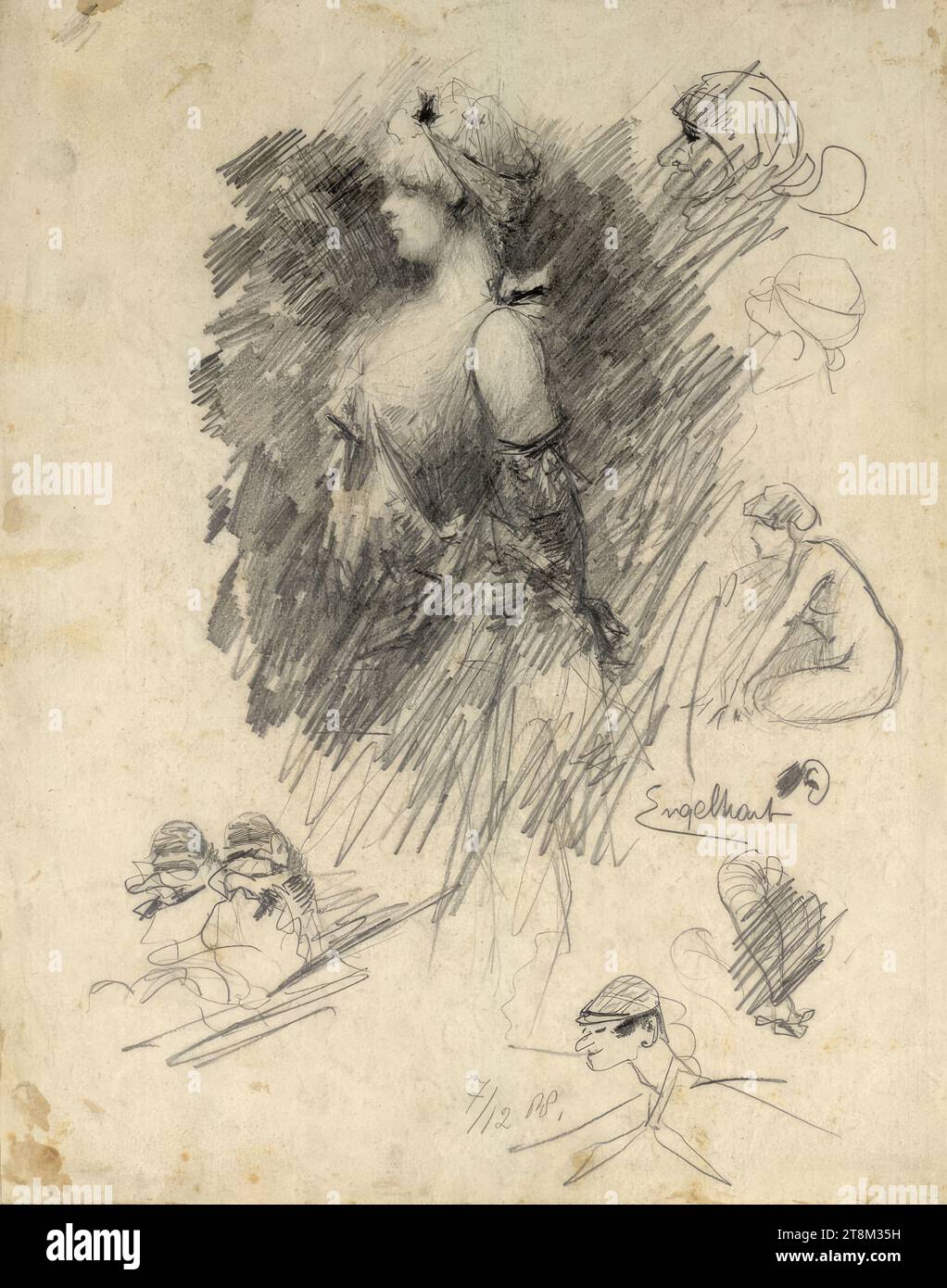 Half length figure of a girl in a ball gown and other sketches, Hagengesellschaft, Josef Engelhart (Vienna 1864 - 1941 Vienna), 1888, drawing, pencil, 24.8 x 19.3 cm Stock Photo