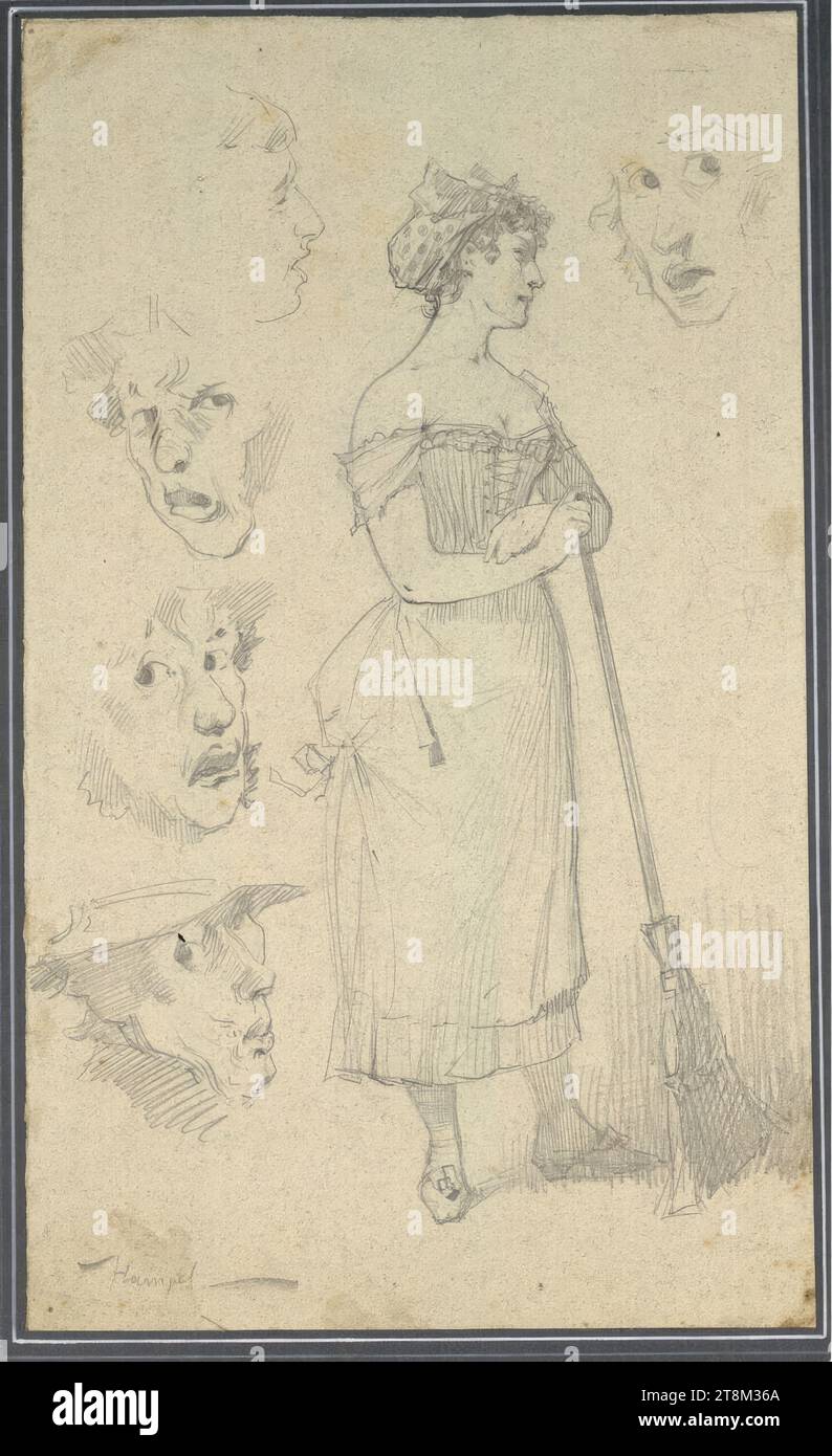 Young Girl Leaning on a Broomstick; six distorted faces, Hagengesellschaft, Sigmund Walter Hampel (Vienna 1867 - 1949 Nußdorf am Attersee), drawing, pencil, 28.4 x 17 cm Stock Photo