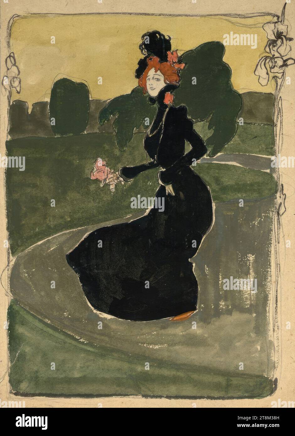 Fashion lady in a black dress and with red hair on a park path ...