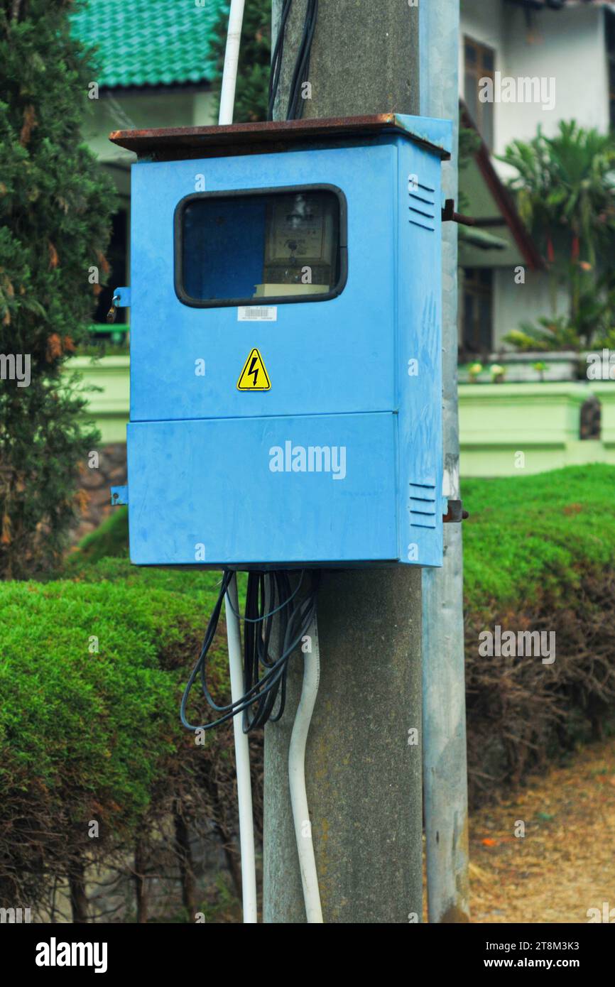 the electrical panel box is installed on the pole Stock Photo Alamy