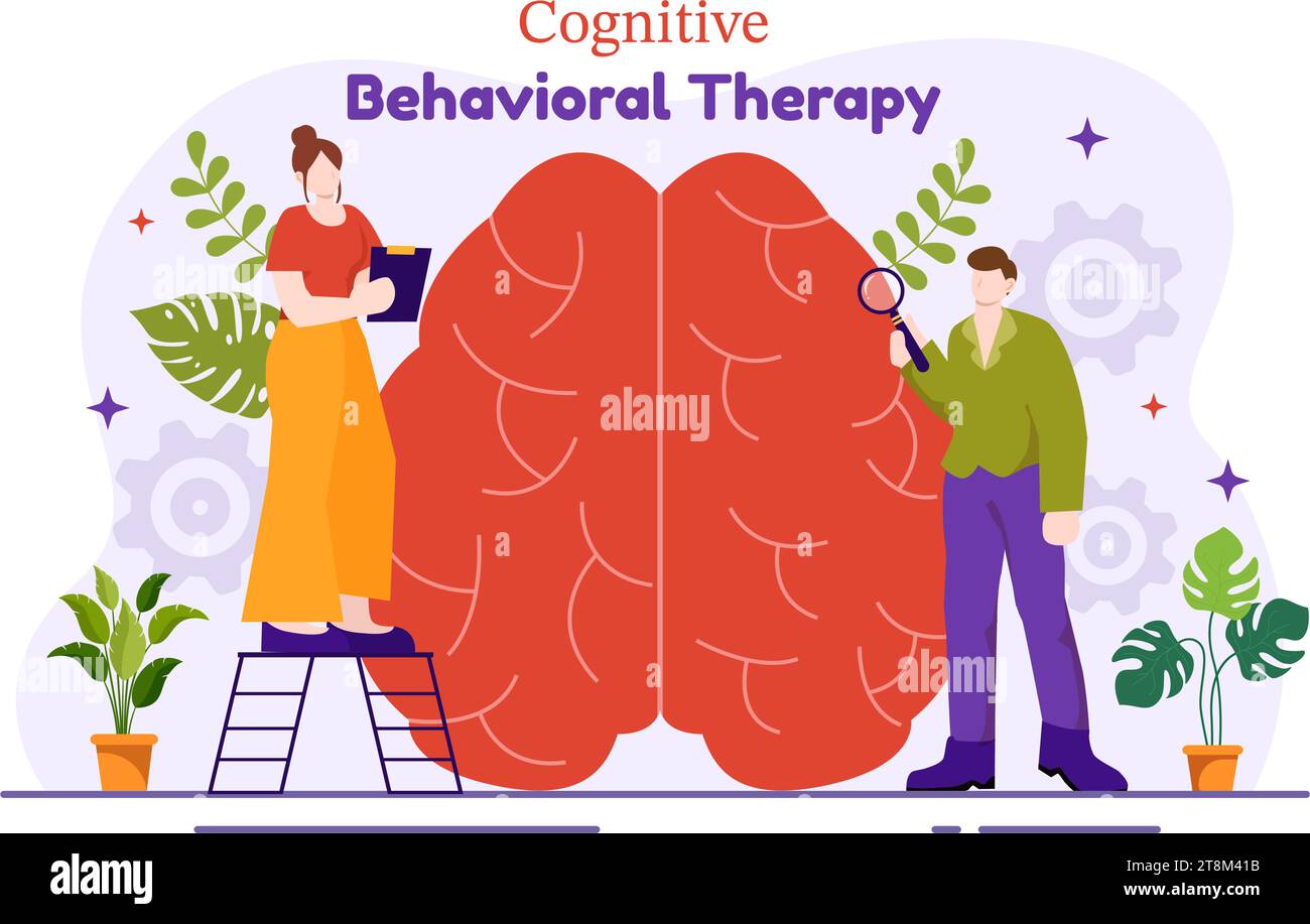 CBT or Cognitive Behavioural Therapy Vector Illustration with Person Manage their Problems Emotions, Depression or Mindset in Mental Health Background Stock Vector