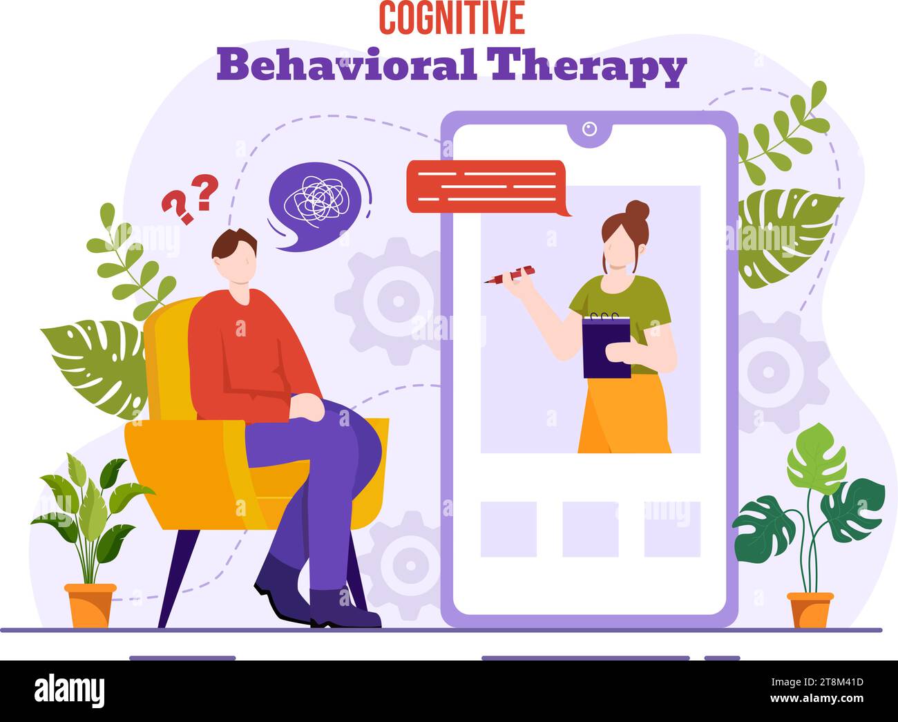 CBT or Cognitive Behavioural Therapy Vector Illustration with Person Manage their Problems Emotions, Depression or Mindset in Mental Health Background Stock Vector
