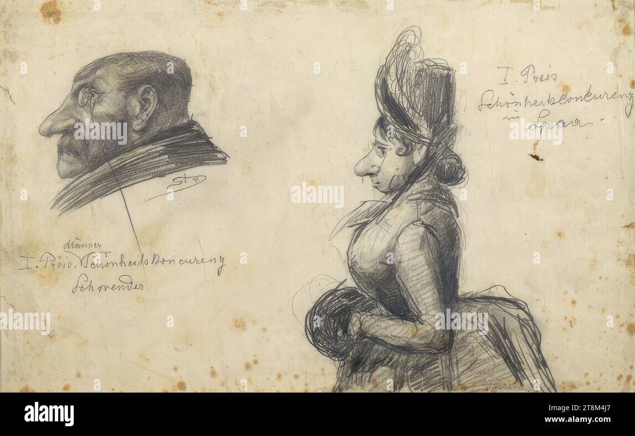 Two first prizes in beauty competitions, Hagengesellschaft, Leopold Stolba (Gaudenzdorf/Vienna 1863 - 1929 Vienna), drawing, pencil, 20.5 x 32.8 cm, Li.: 'I. Price. Men. Beauty Contest, Schwender'; right: 'I. Prize, beauty competition, in Spaa Stock Photo