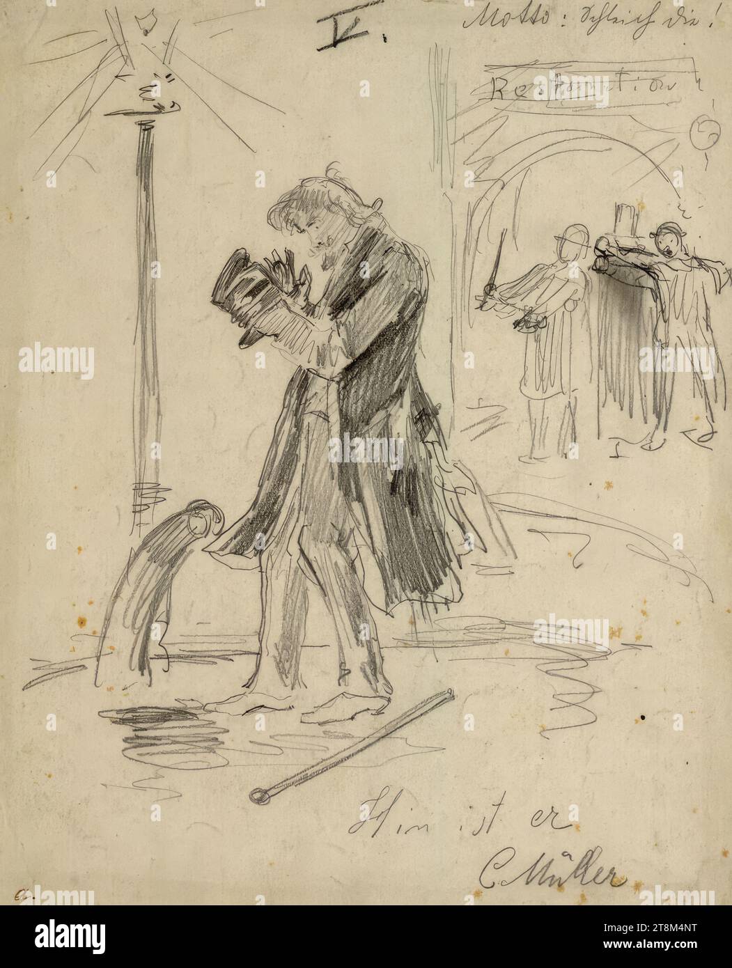 Gone is he (a man thrown out of an inn looking at his hat, Hagengesellschaft, Carl Müller (Vienna 1862 - 1938 Vienna), drawing, pen, 21 x 17 cm, top center: 'V.'; top right: 'Motto: Creep di'; middle bottom: 'He's gone Stock Photo
