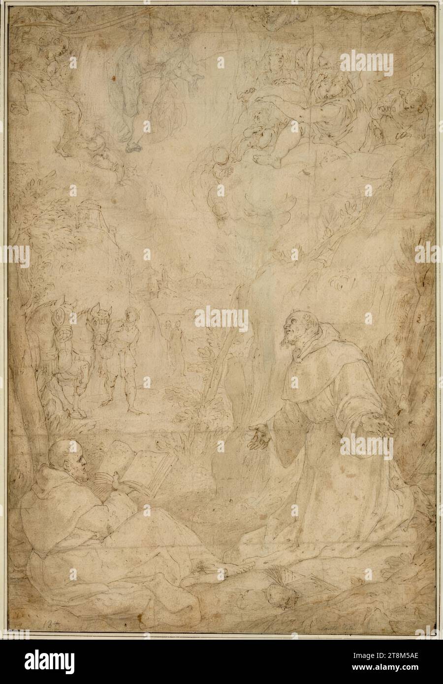 Stigmatization of St. Francis, Filippo Bellini (Italian, 1550/55–1603), Drawing, Metal pencil; Feather; washed; brownish paper, 40.5 x 27.8 cm, l.l. Duke Albert of Saxe-Teschen, old chalk number '134' lower left; Lower right pencil writing from the first half of the 19th century 'Santo Titi Stock Photo