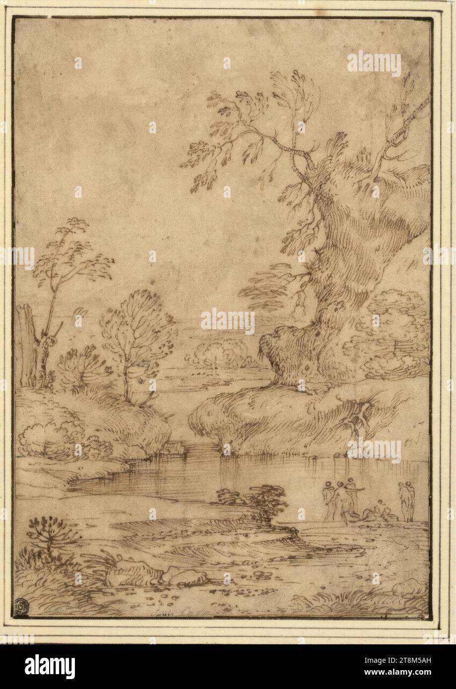 Landscape with a small body of water below a mighty tree stump; on the opposite bank figures seen from behind, anonymous, drawing, pen; brownish paper, 17.3 x 12.0 cm, l.l. empereur; mu Duke Albert of Saxe-Teschen, center below, cut off, 'Louis' in pen; to the right of it in chalk 'Carr Stock Photo