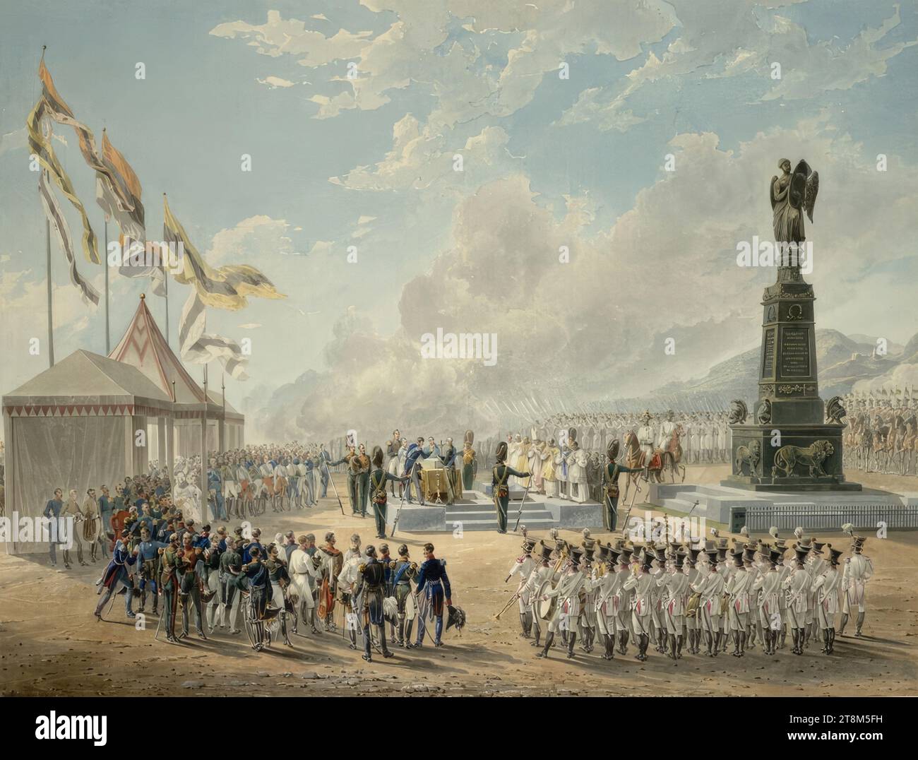 Laying of the foundation stone for the memorial to the Battle of Kulm (viewport), viewport, Eduard Gurk (Vienna 1801 - 1841 Jerusalem), drawing, watercolour, body colour, gold and glossy heightening (traces of a preliminary pencil drawing), passe-partout cut-out: 44.6 x 58.7 cm Stock Photo