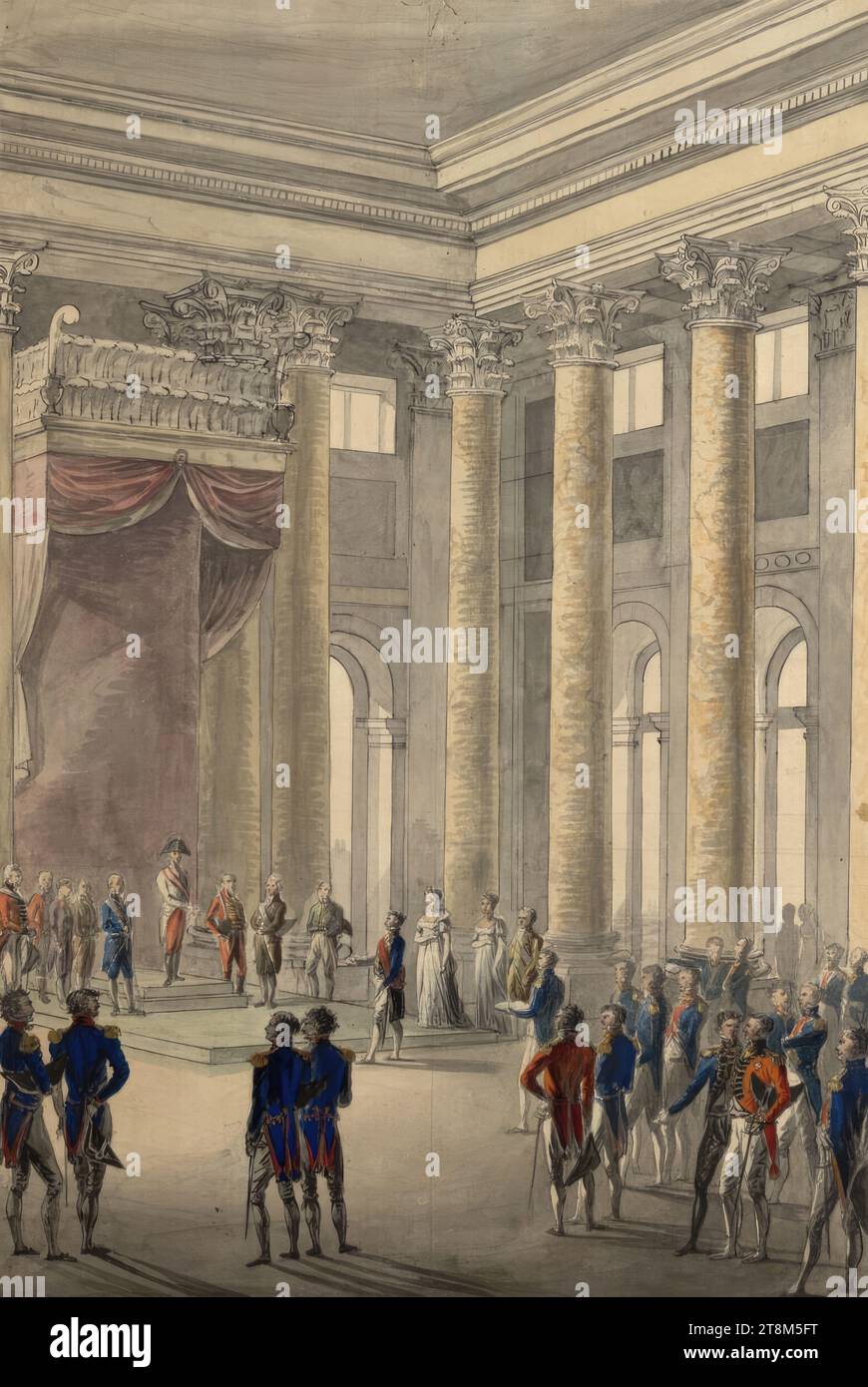 Napoleon courting Marie Louise, daughter of Emperor Franz II/I, in the ceremonial hall of the Festsaal/Montoyer wing of the Vienna Hofburg, Johann Nepomuk Höchle (Munich 1790 - 1835 Vienna), 1810, drawing, watercolor and gouache, Black pen, over pencil, 49.9 x 33.5 cm Stock Photo