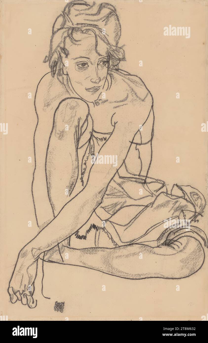 Crouching, Egon Schiele (Tulln 1890 - 1918 Vienna), 1918, drawing, black chalk, 45 x 29.5 cm Stock Photo