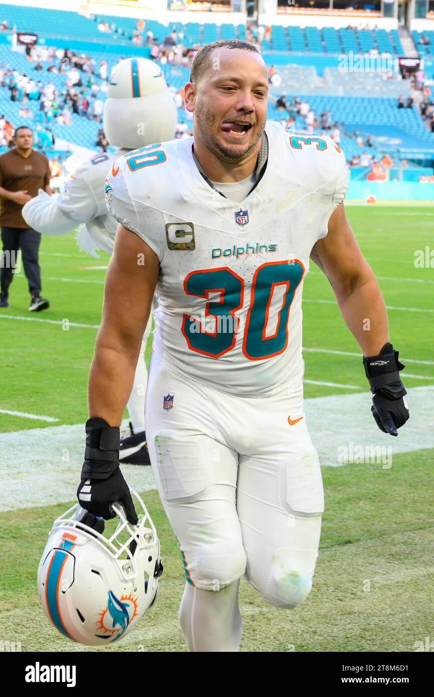 Miami Dolphins fullback Alec Ingold (30) runs off the field after an ...