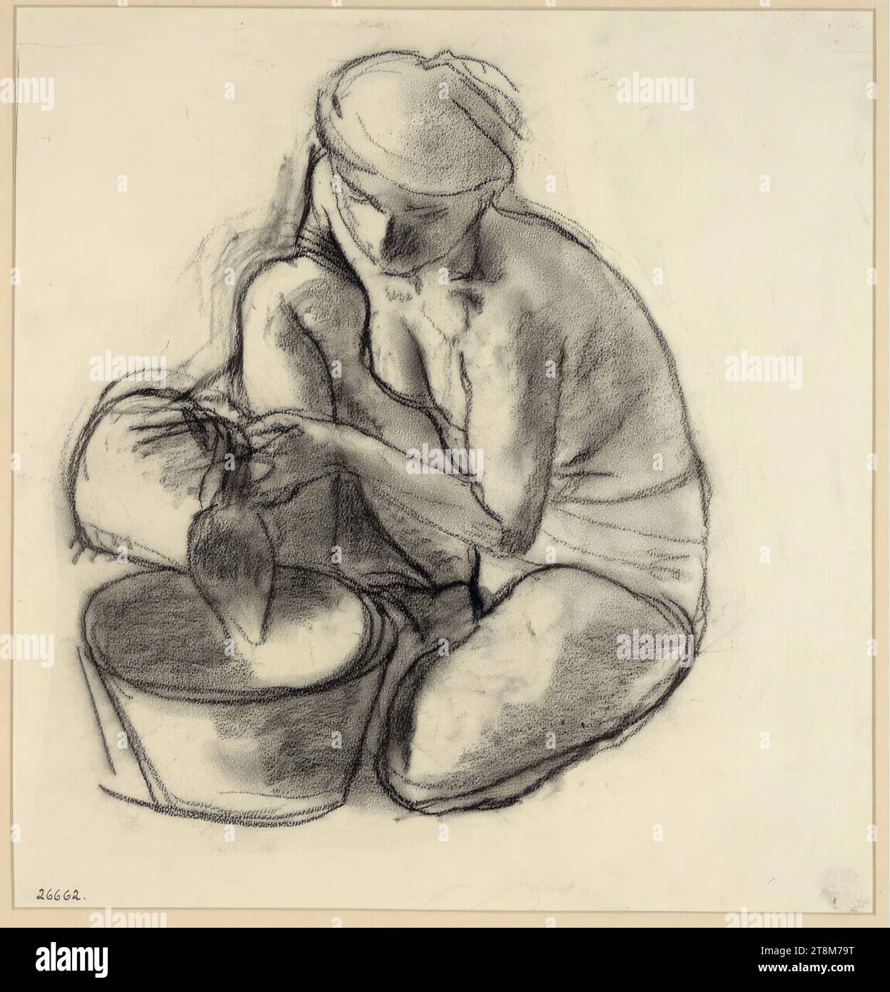 Kneeling woman pouring water into a trough, Leopold Gottlieb (Drohobycz 1879 - 1934 Paris), drawing, black chalk, passe-partout: 336 x 320 mm Stock Photo