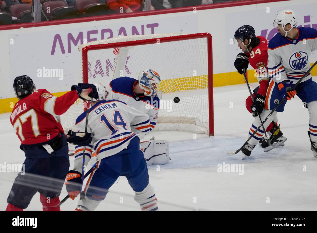 Florida Panthers defenseman Niko Mikkola (77) scores a goal against ...