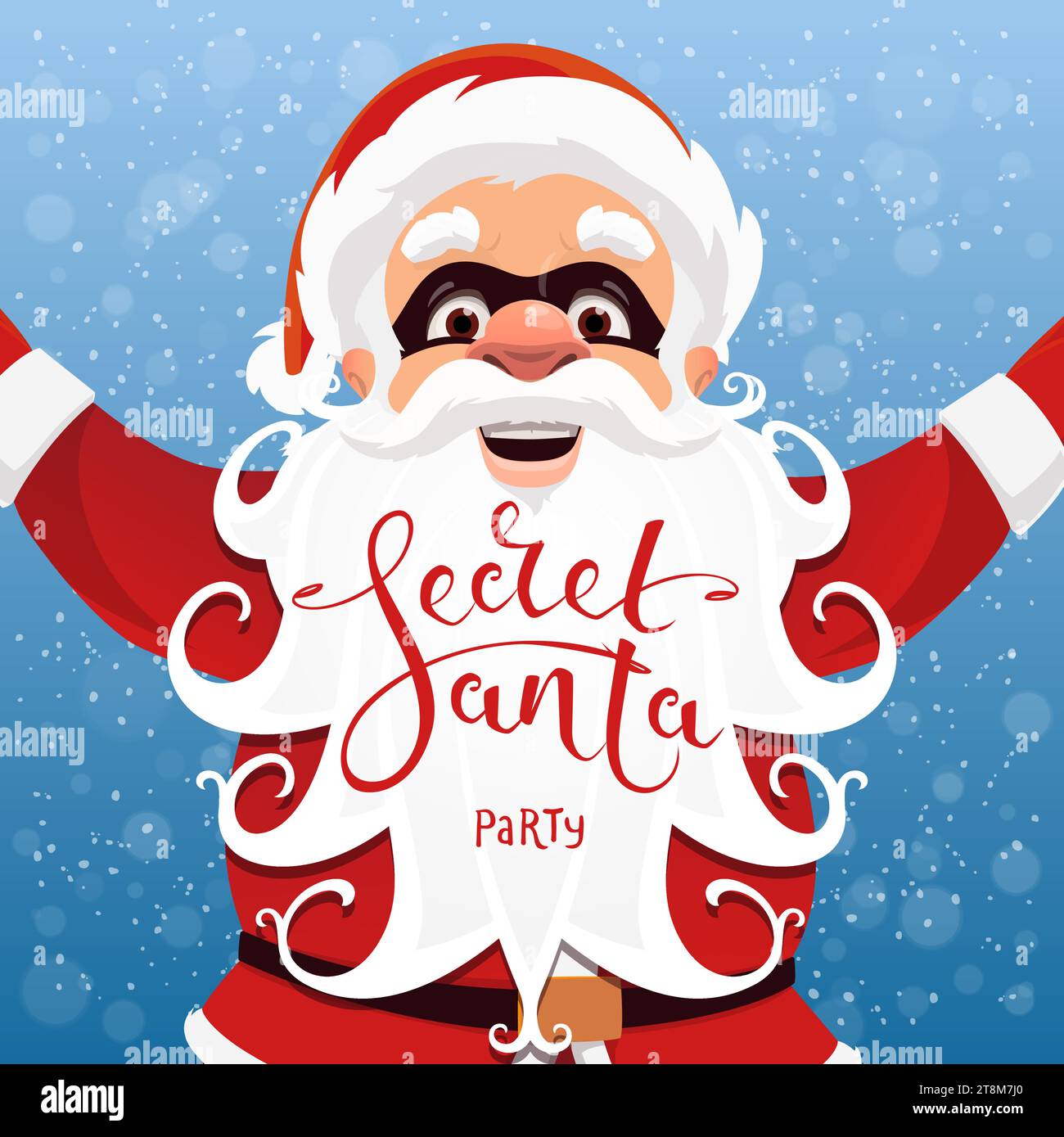 Secret Santa character with white beard and black mask vector poster of Christmas gift giving party invitation. Cartoon Santa Claus personage, Merry Xmas and happy winter holidays invite card Stock Vector
