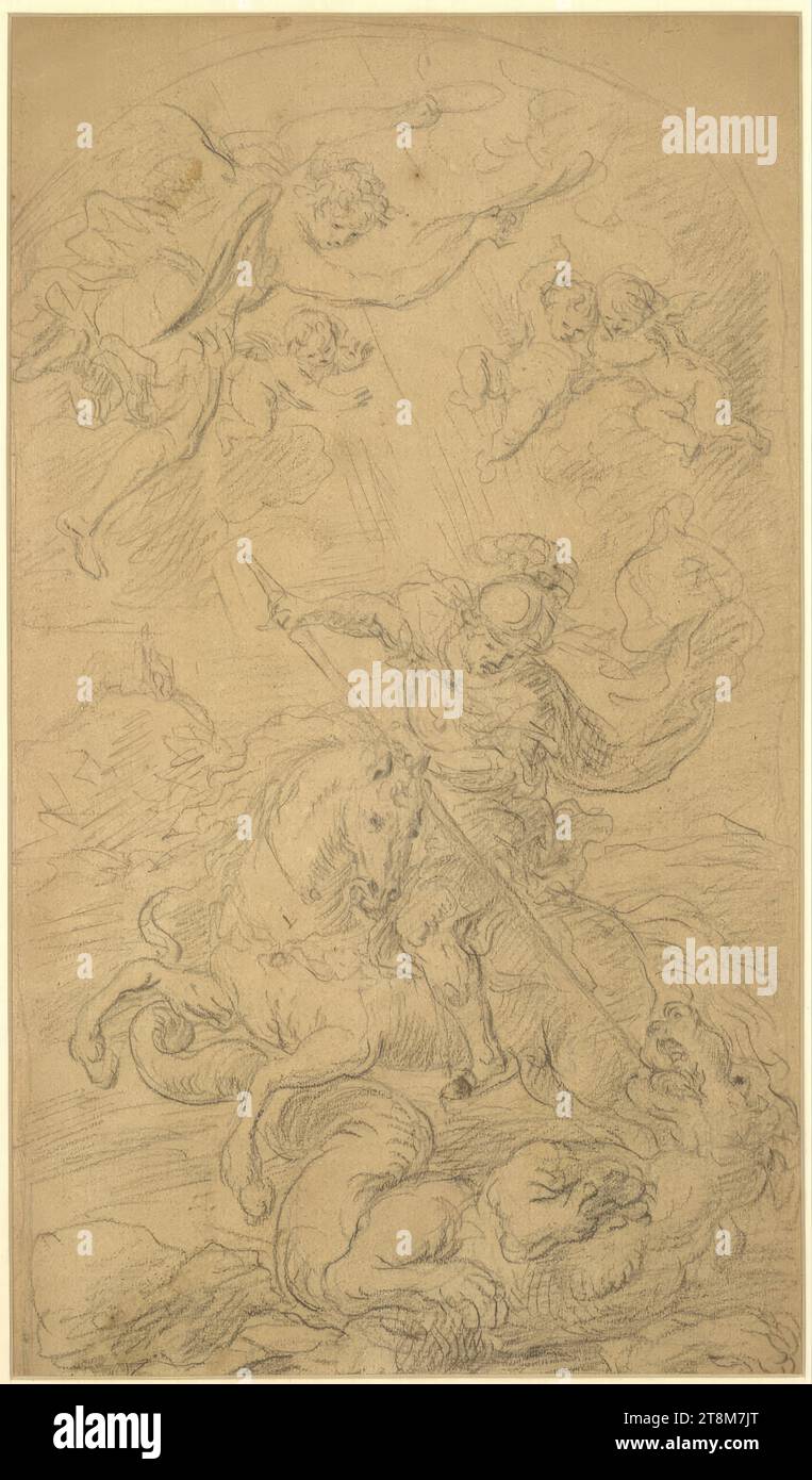 Saint George kills the dragon, Franz Xaver Wagenschön Littisch Bohemia 1726 - 1790 Vienna), drawing, lead pencil, chalk, passe-partout cutout: 33.6 × 19.5 cm Stock Photo