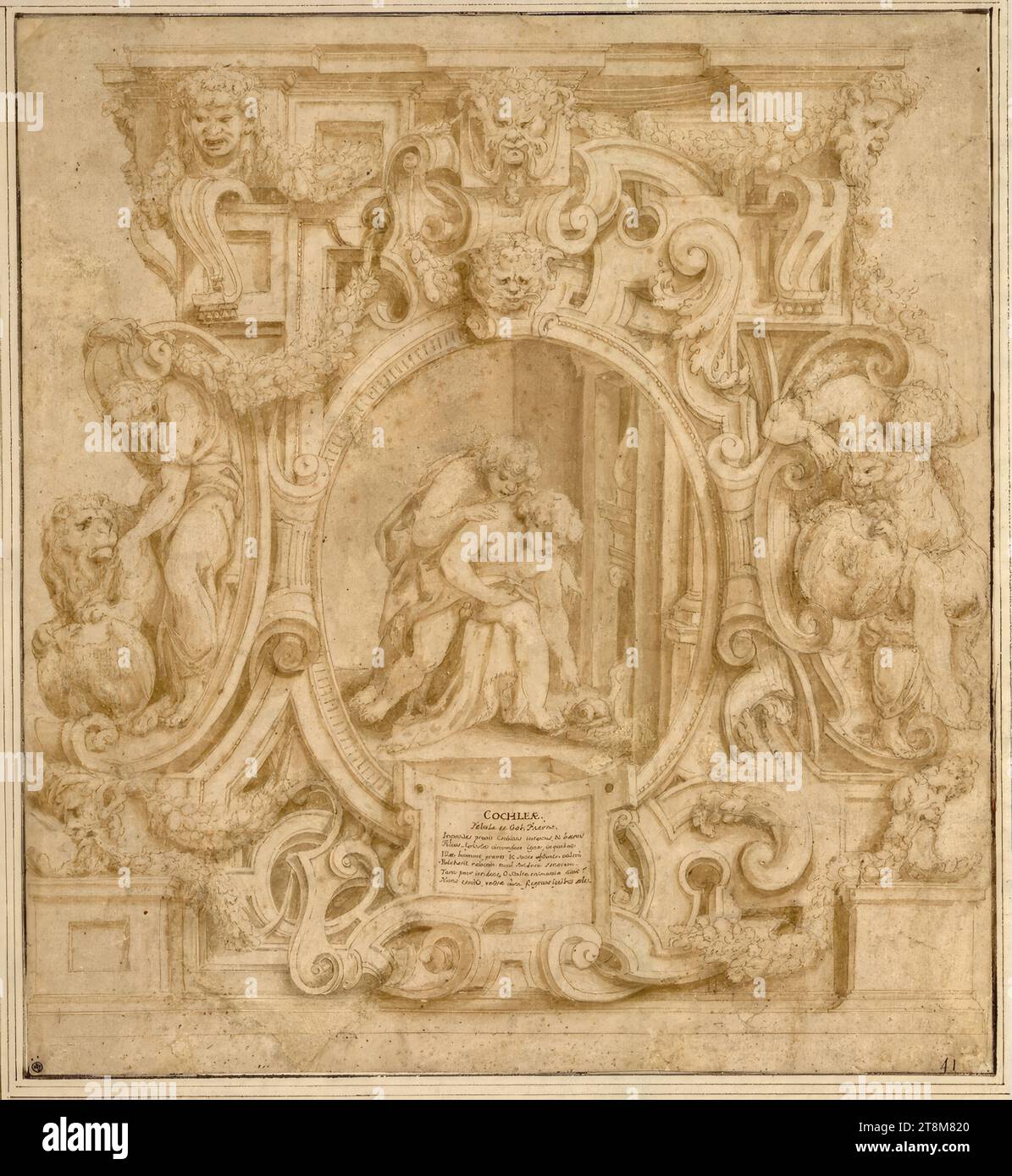 Die Fabel von der singenden Muschel, Lelio Orsi da Novellara (Novellara 1508/11 - 1587 Reggio nell'Emilia), um 1563/64, Zeichnung, Feder, laviert, 30.8 x 28.1 cm, l.u. Mariette; l.u. Fries; r.u. Herzog Albert von Sachsen-Teschen, 'COCHLEAE, Fable from Gab. Faerno II placed plum snails intently sticking to the god, The son of the farmer was cooking around the fire, They were heavy with humor and juice despite the heat, They ate a hoarse sound with a thin shrill., Then the child laughing, O foolish animal, said:, Now you dogs Stock Photo