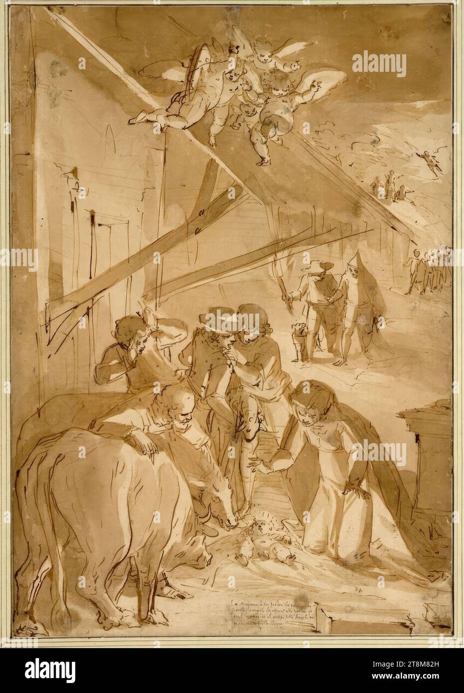 Geburt Christi, Luca Cambiaso (Moneglia 1527 - 1585 San Lorenzo de El Escorial), Zeichnung, Feder, laviert, 35.6 x 25.0 cm, u.r. Herzog Albert von Sachsen-Teschen, in der Mitte unten in alter Federschrift 'The Madonna, the two shepherds carrying the, torch, the angel appearing to the shepherds and, that distant one and the group of Angels, please me in this drawing Stock Photo