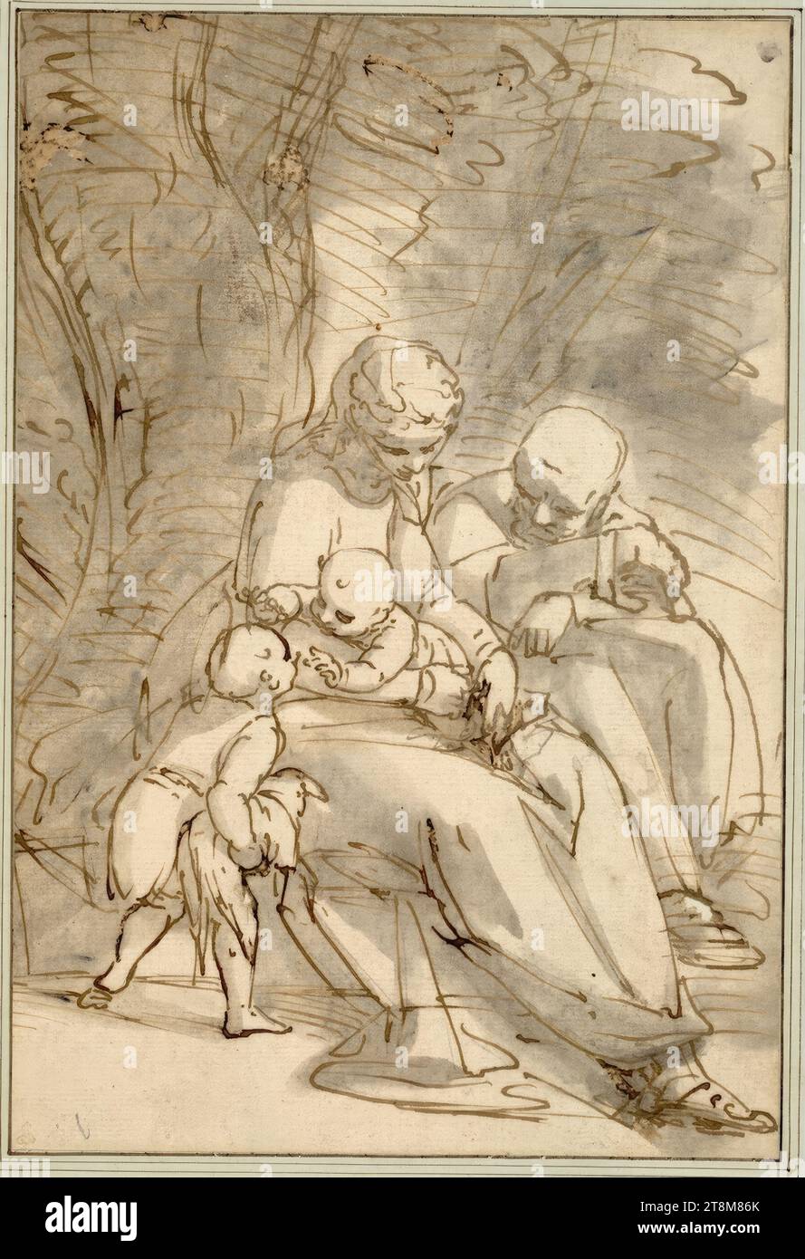 The holy family with the boy John seated under a tree, Luca Cambiaso (Moneglia 1527 - 1585 San Lorenzo de El Escorial), drawing, pen; gray wash, 31.8 x 21.6 cm, no Mariette Sz; l.b. Duke Albert of Saxe-Teschen Stock Photo