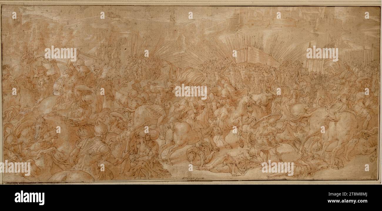 Ancient Battle of Horsemen and Infantry, Ambrogio Giovanni Figino (Italian, 1548 - 1608), Drawing, pen; rubella; washed; white heightened, 19.9 x 42.5 cm, l.l. frieze; r.b. Duke Albert of Saxe-Teschen, lower center in pen 'Ambrogio Figino Stock Photo