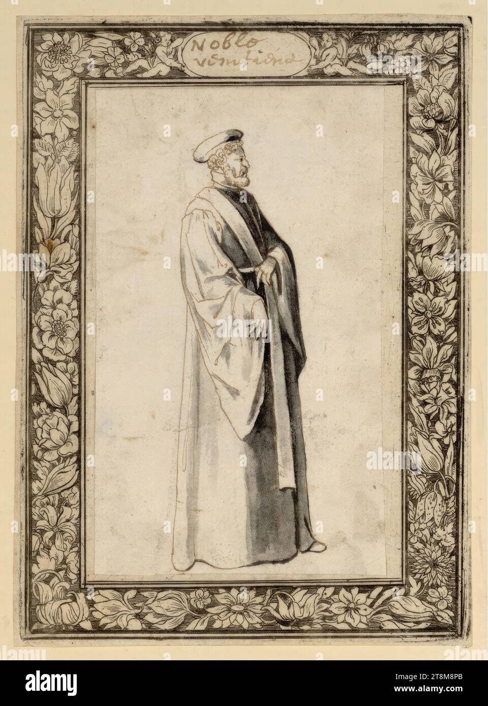 Venetian nobleman, between 1650 and 1664, Drawing, pen and brown ink, gray wash; Glued to sheet with engraved decorative border (flower thread), 9.4 x 5.7 cm, M.o. in cartridge 'Noble venitien' (nib in brown Stock Photo