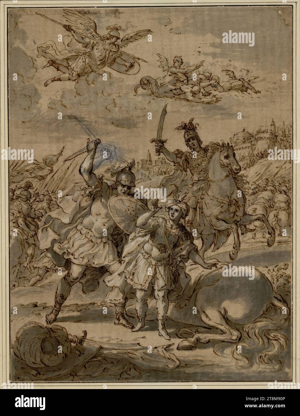 Argilano tötet den Pagen Solimans, Lesbino; in der Glorie vertreibt der heilige Michael die bösen Dämonen, Bernardo Castello (Genua 1557 - 1629 Genua), Zeichnung, Kreide; Feder; gray wash; weiss gehöht; das rechts obere Eck abgerissen, 25.4 x 19.3 cm, l.u. Herzog Albert von Sachsen-Teschen, 'Argillano killing Suleiman's page must be on foot not on horseback; the Horse, of the page must be there near him dead; and Suleiman who comes to his aid; the thought e, listesso p.that there is nothing more remarkable in this song; if he, likes it like this Stock Photo