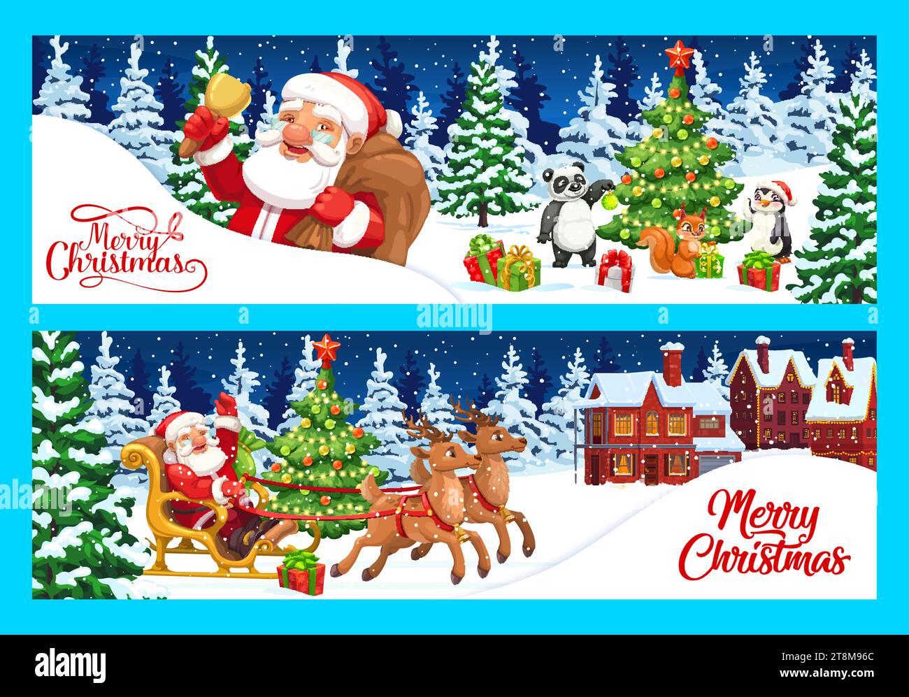 Christmas banners or greeting cards. Cartoon vector Santa Claus in deer ...