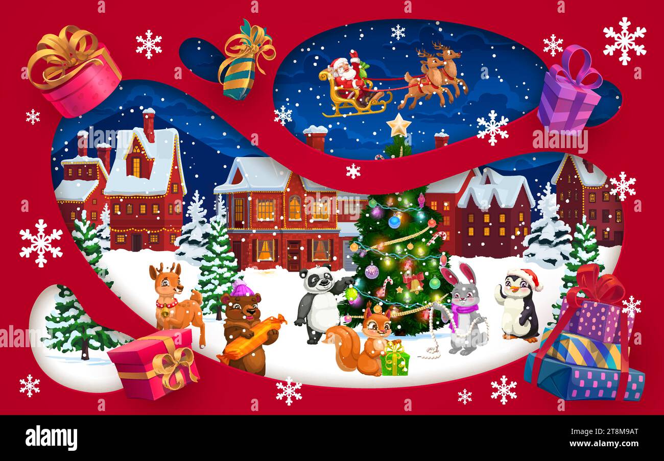 Christmas paper cut winter town, Santa on sleigh and cartoon animals ...