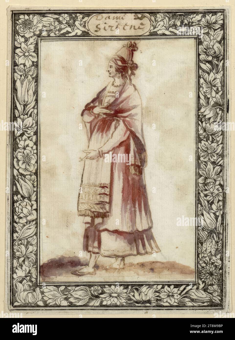 Syrian woman, between 1650 and 1664, drawing, pen and brown ink, brush, brown and red wash; glued to sheet with engraved decorative strip (flower thread), 9.3 x 6 cm, M.o. in cartridge 'Dame de Siriene' (nib in brown Stock Photo